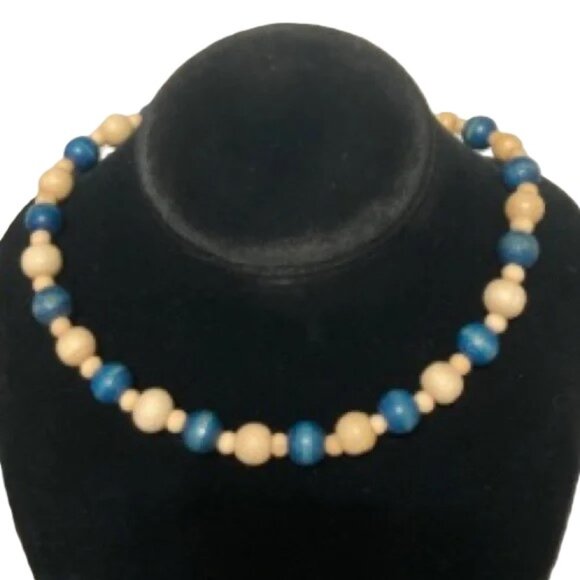 NAUTICAL Blue Tan Natural Beads Surfer Beach Bum Choker Necklace Clasp 16inches - Picture 1 of 9